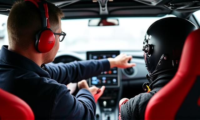Fahrer und Coach analysieren Telemetrie-Daten auf einem Tablet
